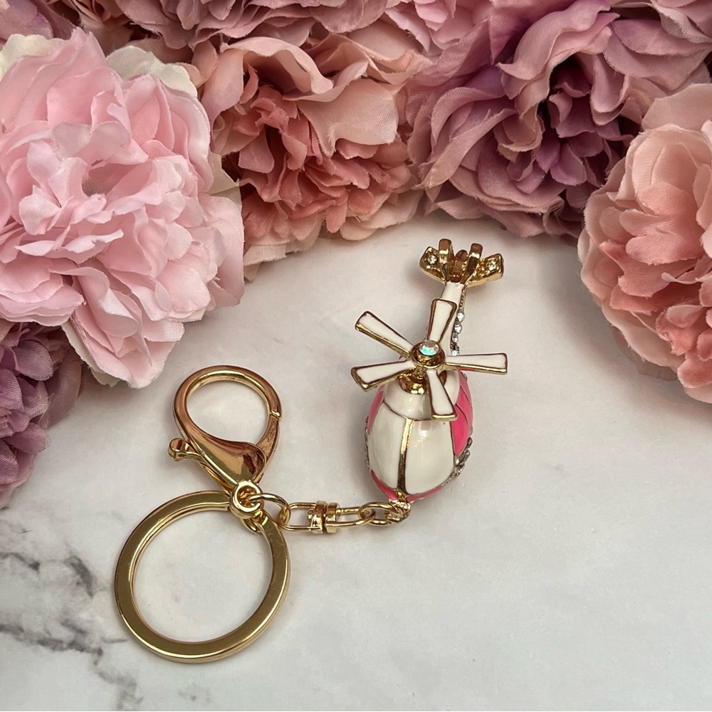 Whimsical Pink and White Crystal Helicopter Keychain Charm - Picture 8 of 16